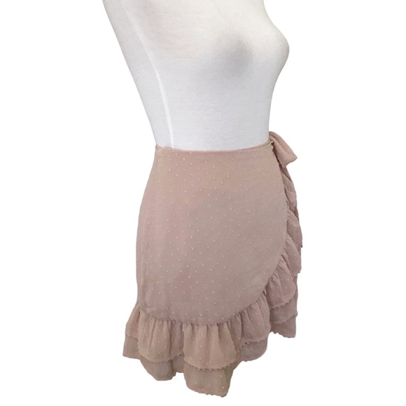 Tobi Blush Pink Swiss Dot Tiered Ruffle Chiffon Pom-pom Wrap Mini Skirt M - Picture 4 of 9